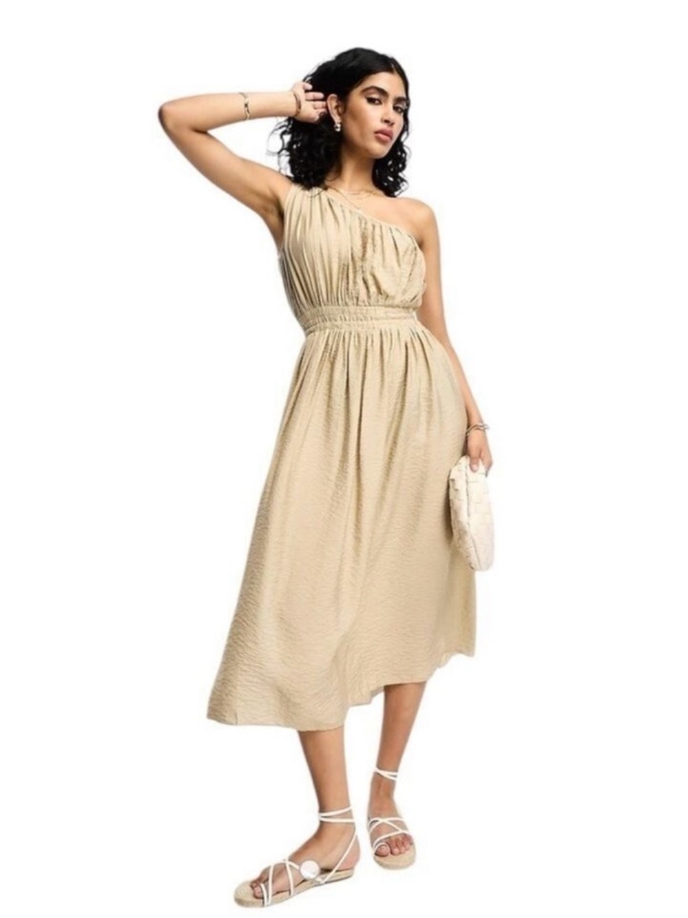 French Connection Gold One Shoulder Dress Size 8 Gold Crinkle Lightweight NWT